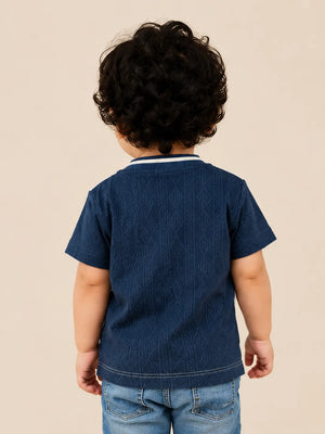 BloomUp Navy Blue Colorblock V-Neck Graphic T-Shirt for Boys – Textured Sports Style Half Sleeve Tee