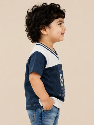 BloomUp Navy Blue Colorblock V-Neck Graphic T-Shirt for Boys – Textured Sports Style Half Sleeve Tee