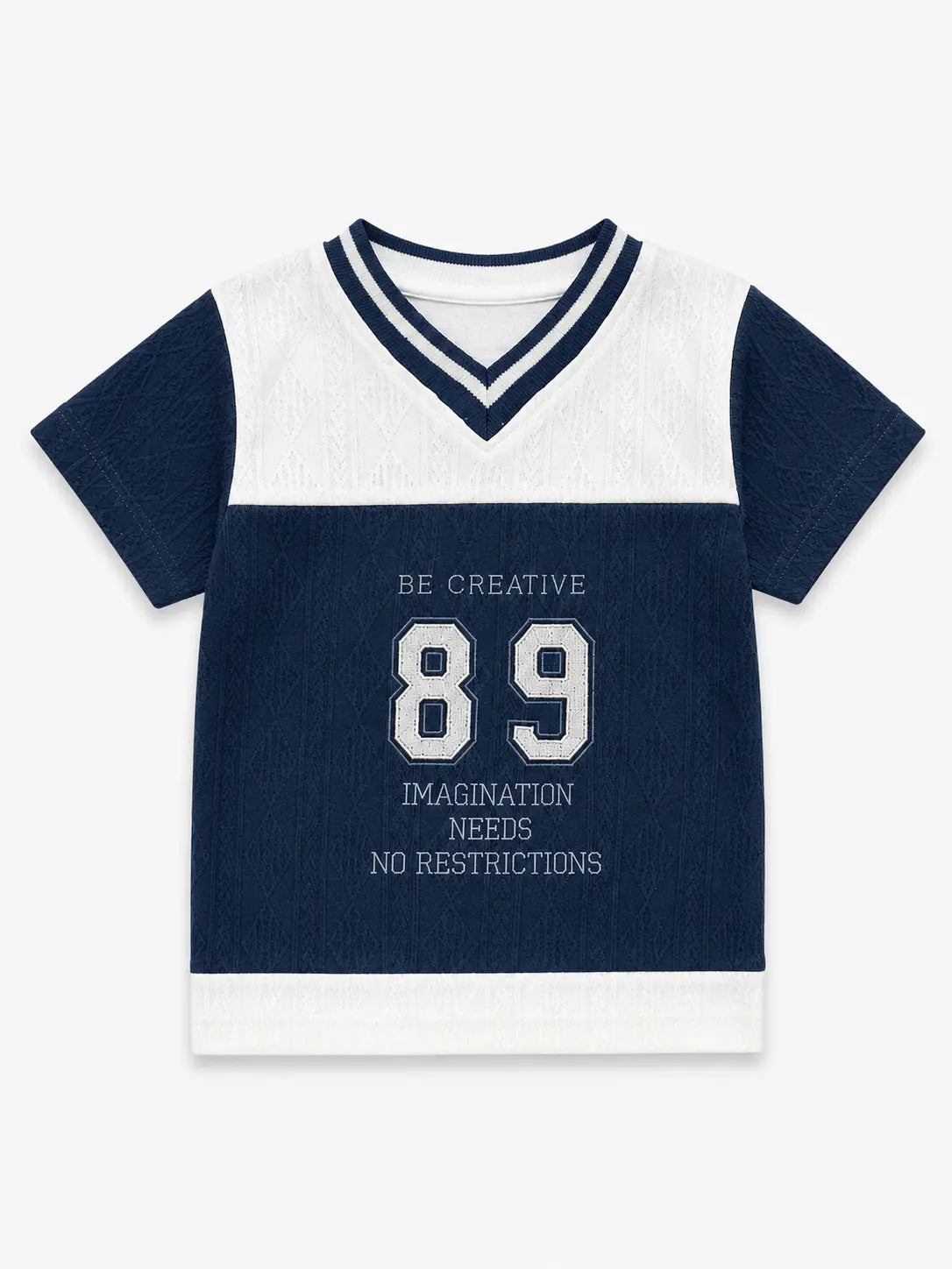 BloomUp Navy Blue Colorblock V-Neck Graphic T-Shirt for Boys – Textured Sports Style Half Sleeve Tee