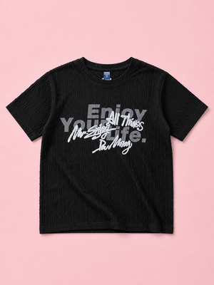 Boys Black Textured Graphic T-Shirt – Half Sleeve Casual Summer Tee BloomUp
