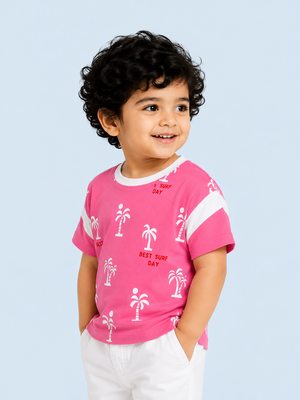 Pink Palm Tree Printed T-Shirt for Girls – Soft Cotton Summer Graphic Tee BloomUp