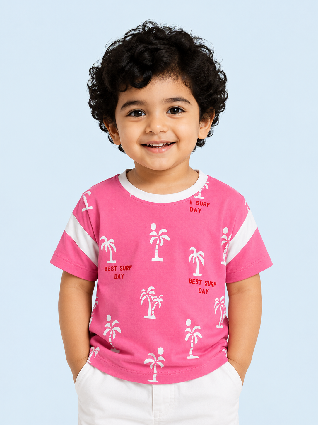Pink Palm Tree Printed T-Shirt for Girls – Soft Cotton Summer Graphic Tee BloomUp
