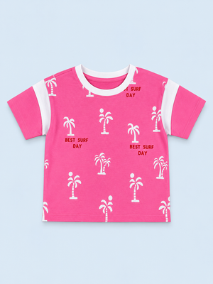 Pink Palm Tree Printed T-Shirt for Girls – Soft Cotton Summer Graphic Tee BloomUp
