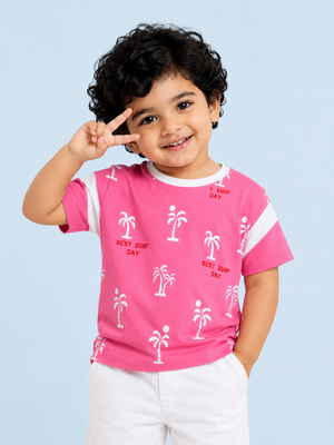 Pink Palm Tree Printed T-Shirt for Girls – Soft Cotton Summer Graphic Tee BloomUp