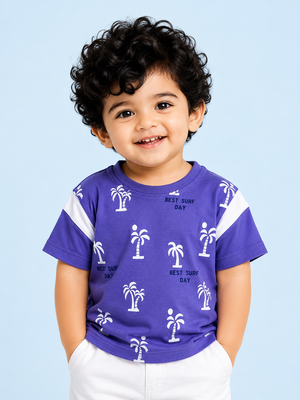 Royal Blue Palm Tree Printed T-Shirt for Boys – Soft Cotton Summer Graphic Tee BloomUp