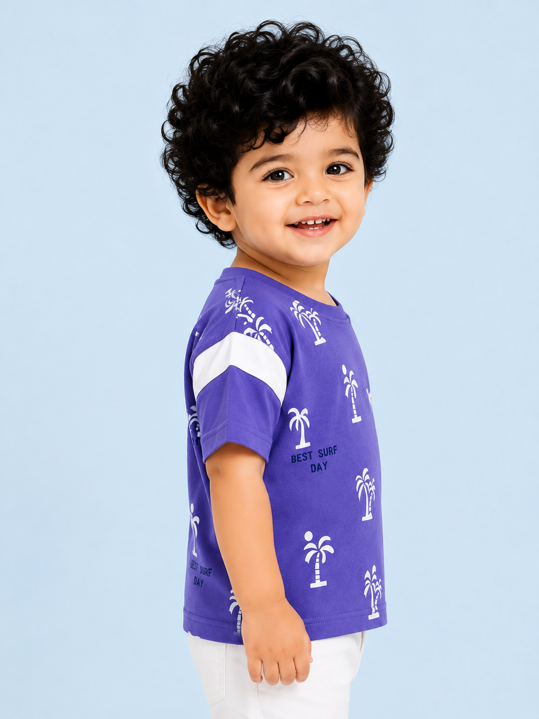 Royal Blue Palm Tree Printed T-Shirt for Boys – Soft Cotton Summer Graphic Tee BloomUp
