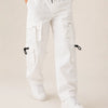 White Cargo Pants for Boys – Soft Cotton Wide Leg Utility Trousers with Adjustable Drawstring