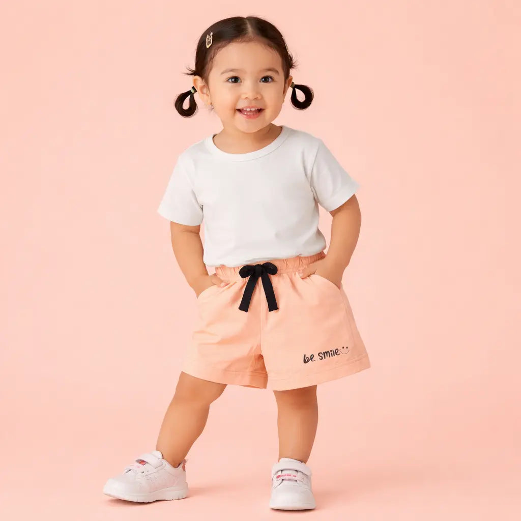 Kids Peach “Be Smile” Printed Cotton Shorts with Contrast Drawstring BloomUp