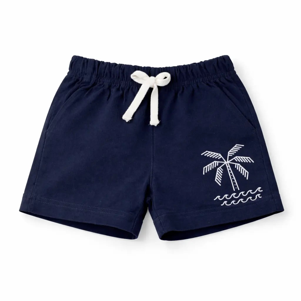 Kids Navy Blue Palm Tree Printed Cotton Shorts with Drawstring Waist BloomUp