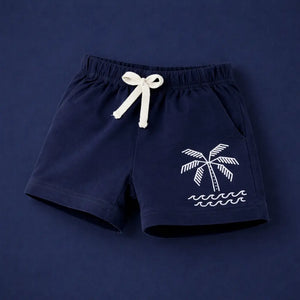 Kids Navy Blue Palm Tree Printed Cotton Shorts with Drawstring Waist BloomUp