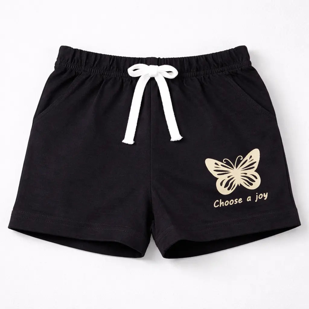 Girls Black Butterfly Print Cotton Shorts with Drawstring Waist BloomUp