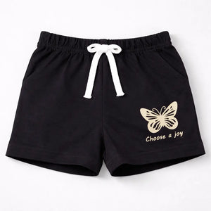 Girls Black Butterfly Print Cotton Shorts with Drawstring Waist BloomUp