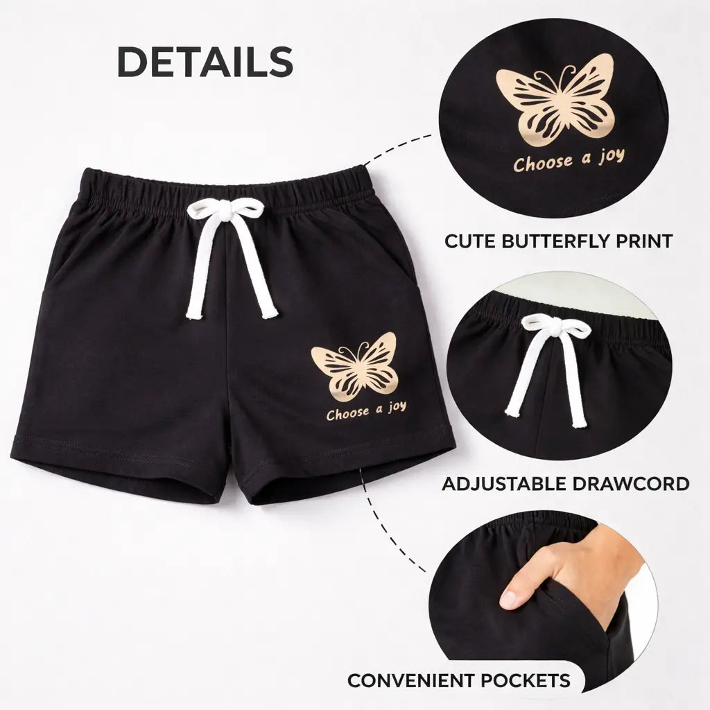 Girls Black Butterfly Print Cotton Shorts with Drawstring Waist BloomUp