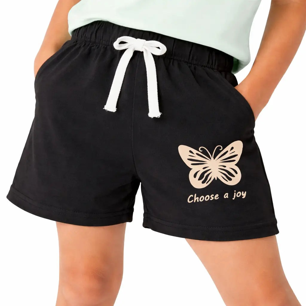 Girls Black Butterfly Print Cotton Shorts with Drawstring Waist BloomUp