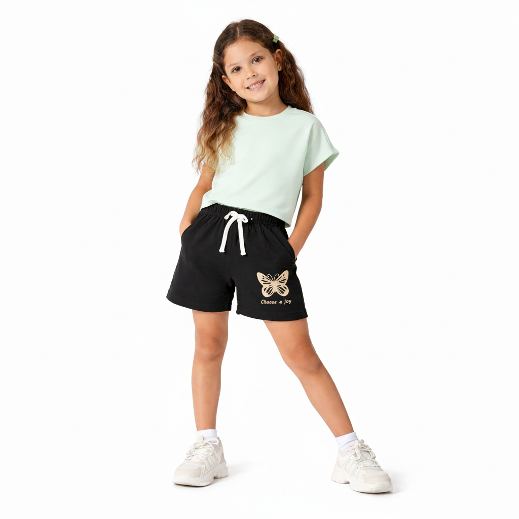 Girls Black Butterfly Print Cotton Shorts with Drawstring Waist BloomUp