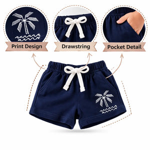 Kids Navy Blue Palm Tree Printed Cotton Shorts with Drawstring Waist BloomUp