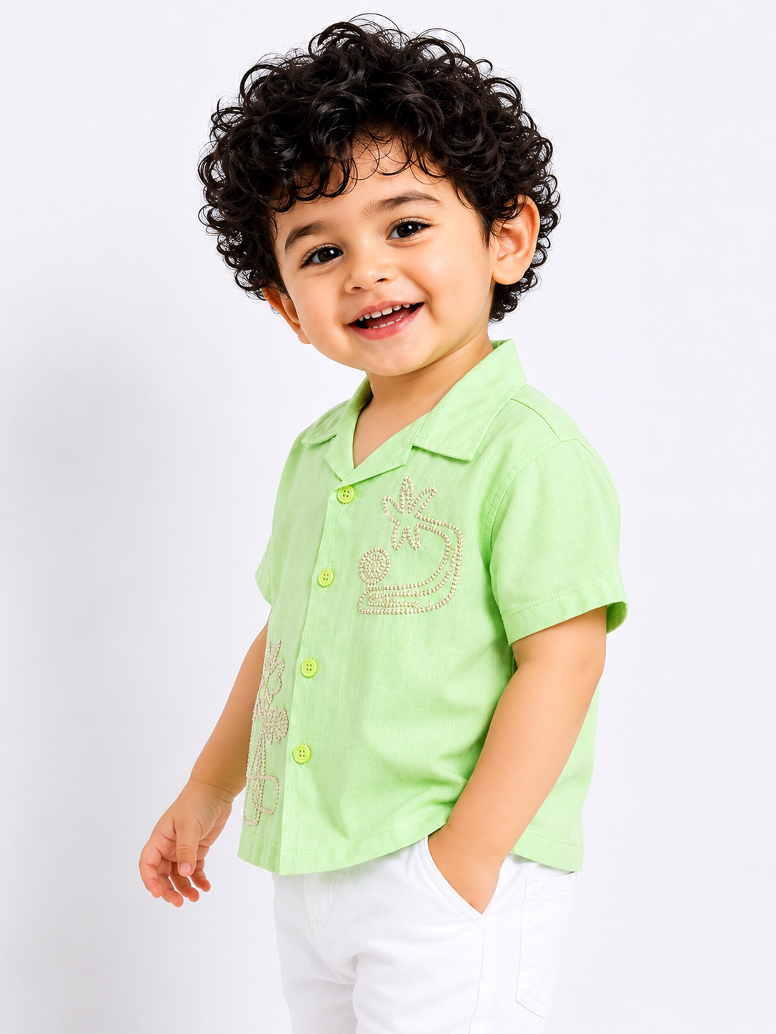 Lime Green Embroidered Resort Shirt for Boys – Soft Cotton Summer Casual Shirt BloomUp