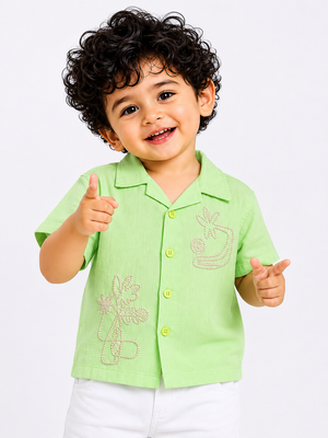 Lime Green Embroidered Resort Shirt for Boys – Soft Cotton Summer Casual Shirt BloomUp