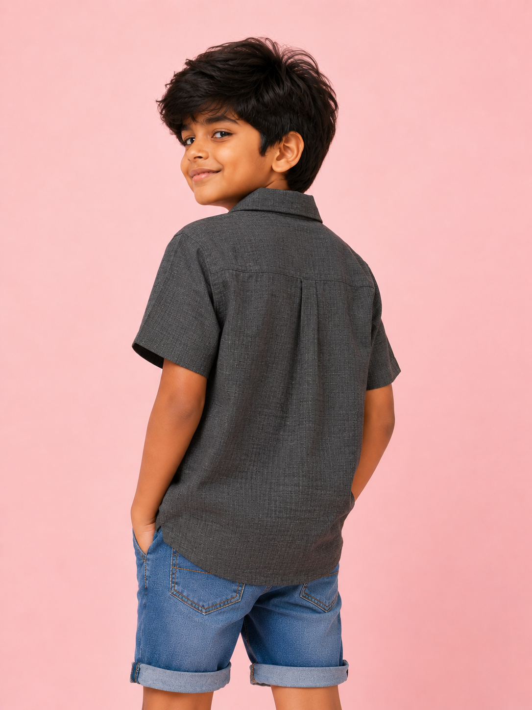 Boys Charcoal Short Sleeved Shirt Soft Cotton Kids Fashion Wear BloomUp