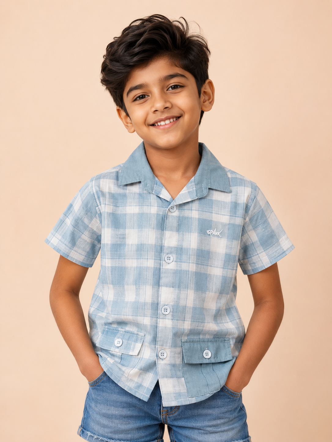 Boys Blue Check Short Sleeved Soft Cotton Kids Fashion Wear BloomUp