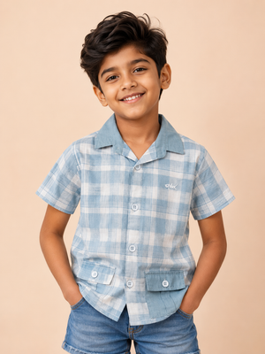 Boys Blue Check Short Sleeved Soft Cotton Kids Fashion Wear BloomUp