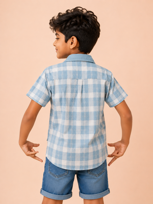 Boys Blue Check Short Sleeved Soft Cotton Kids Fashion Wear BloomUp