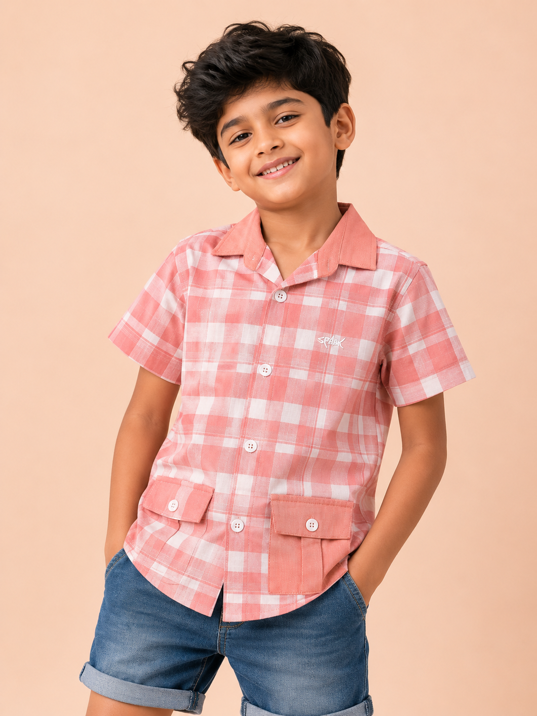 Boys Peach Check Short Sleeved Soft Cotton Kids Fashion Wear BloomUp