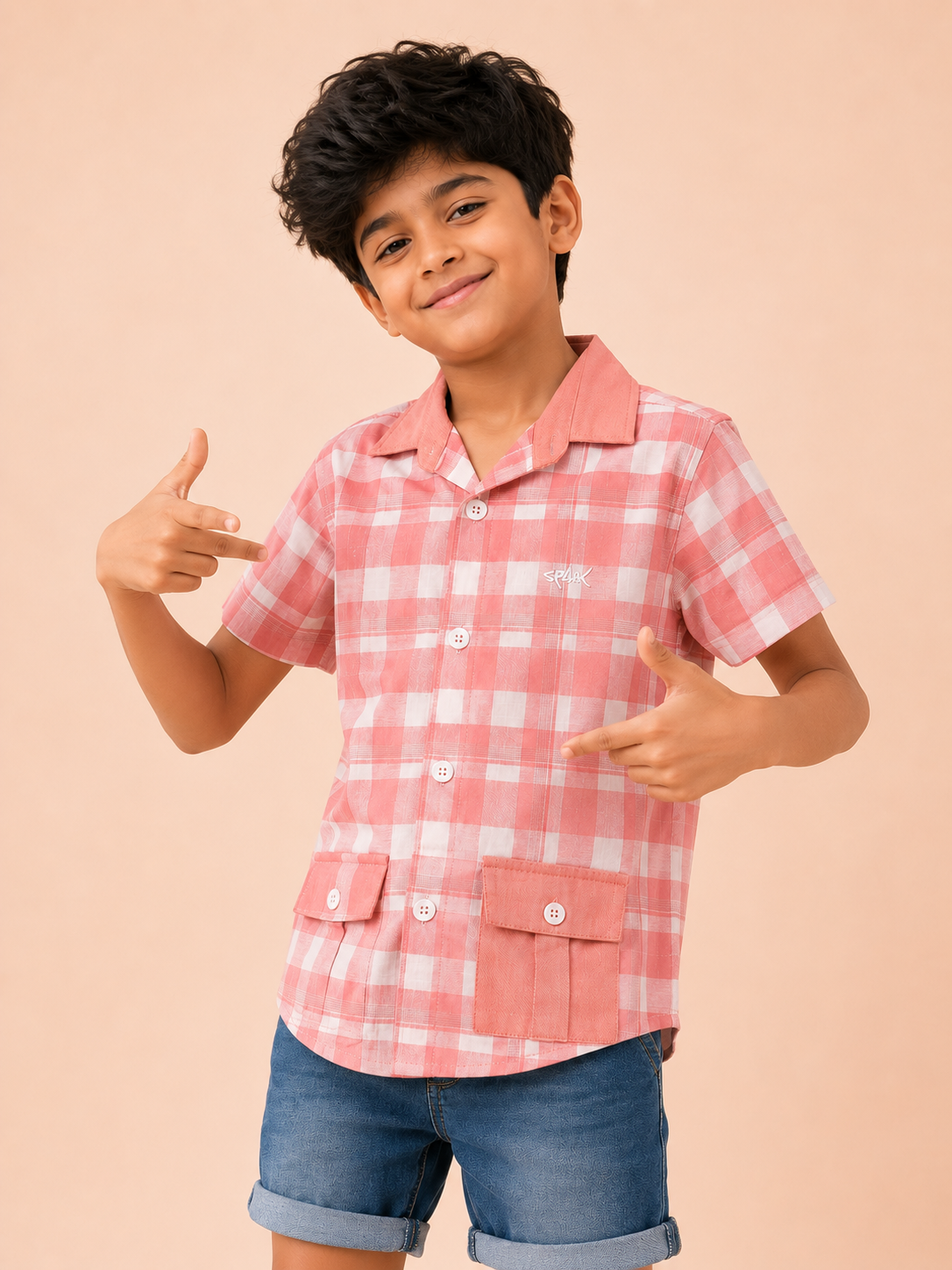 Boys Peach Check Short Sleeved Soft Cotton Kids Fashion Wear BloomUp