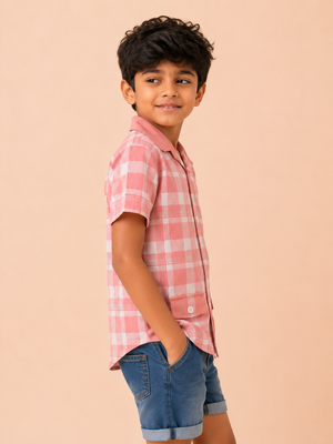 Boys Peach Check Short Sleeved Soft Cotton Kids Fashion Wear BloomUp
