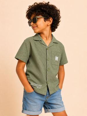 Boys Olive Short Sleeved Button Soft Cotton Kids Fashion Wear BloomUp