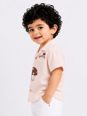 Peach Mushroom Print Shirt for Boys – Soft Cotton Summer Casual Shirt BloomUp