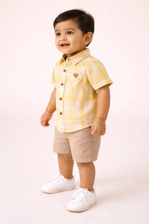 Yellow Plaid Cotton Kids Shirt – Short Sleeve Button-Front Summer Wear for Boys BloomUp