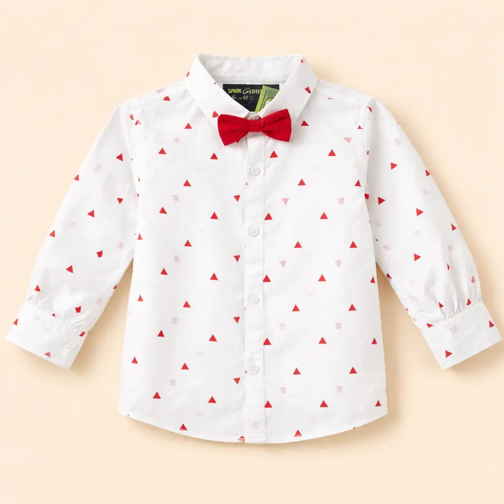 White Red Triangle Print Kids Shirt with Bow Tie – Soft Cotton Formal Wear for Boys BloomUp