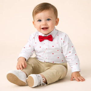 White Red Triangle Print Kids Shirt with Bow Tie – Soft Cotton Formal Wear for Boys BloomUp