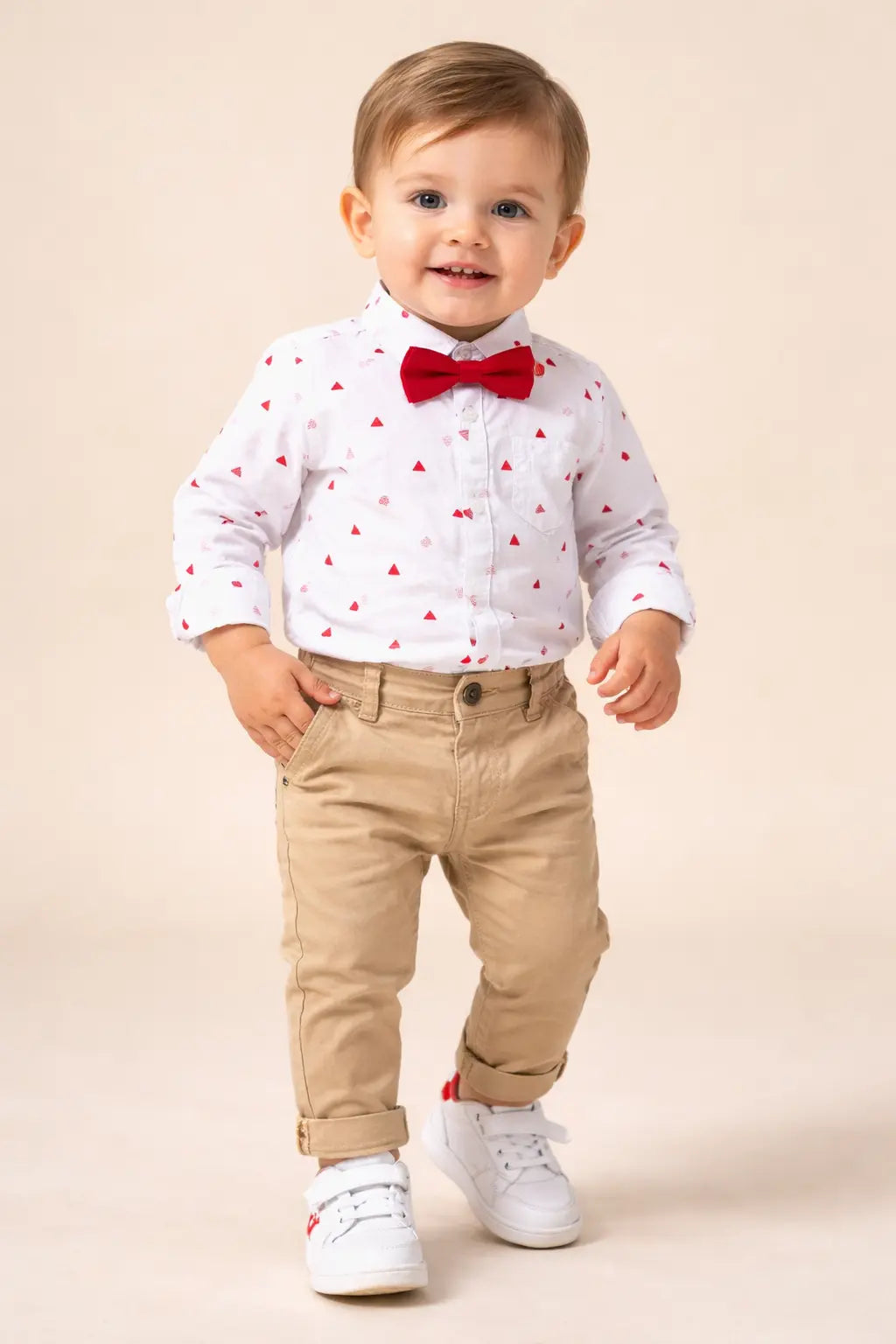 White Red Triangle Print Kids Shirt with Bow Tie – Soft Cotton Formal Wear for Boys BloomUp