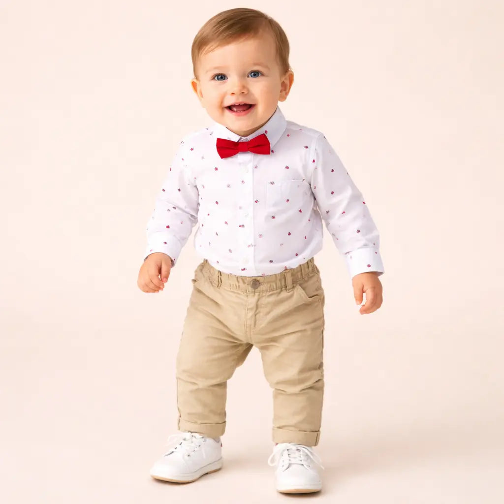 White Red Triangle Print Kids Shirt with Bow Tie – Soft Cotton Formal Wear for Boys BloomUp