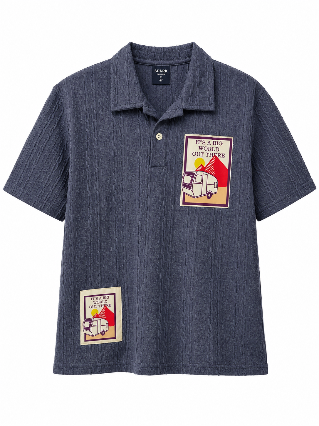 Boys Blue Textured Polo T-Shirt – Adventure Patch Casual Half Sleeve Tee BloomUp