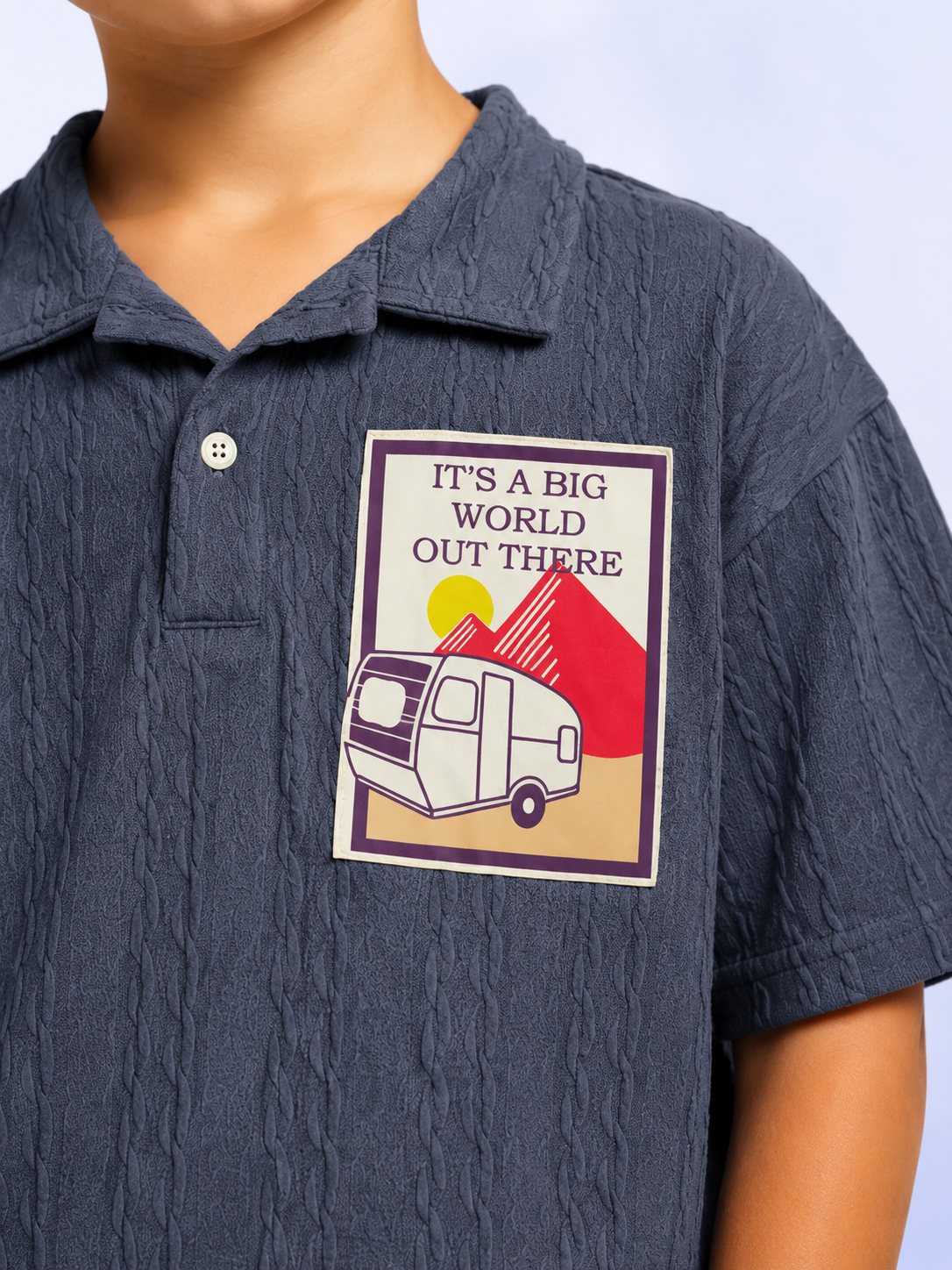 Boys Blue Textured Polo T-Shirt – Adventure Patch Casual Half Sleeve Tee BloomUp