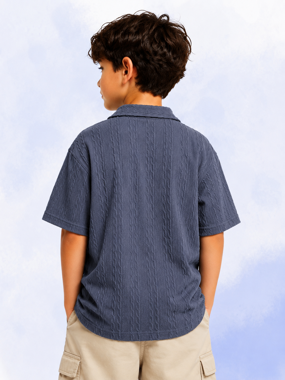 Boys Blue Textured Polo T-Shirt – Adventure Patch Casual Half Sleeve Tee BloomUp