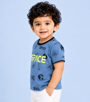 Blue Space Graphic T-Shirt for Toddlers – Soft Cotton Summer Tee for Boys BloomUp