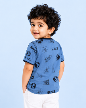 Blue Space Graphic T-Shirt for Toddlers – Soft Cotton Summer Tee for Boys BloomUp