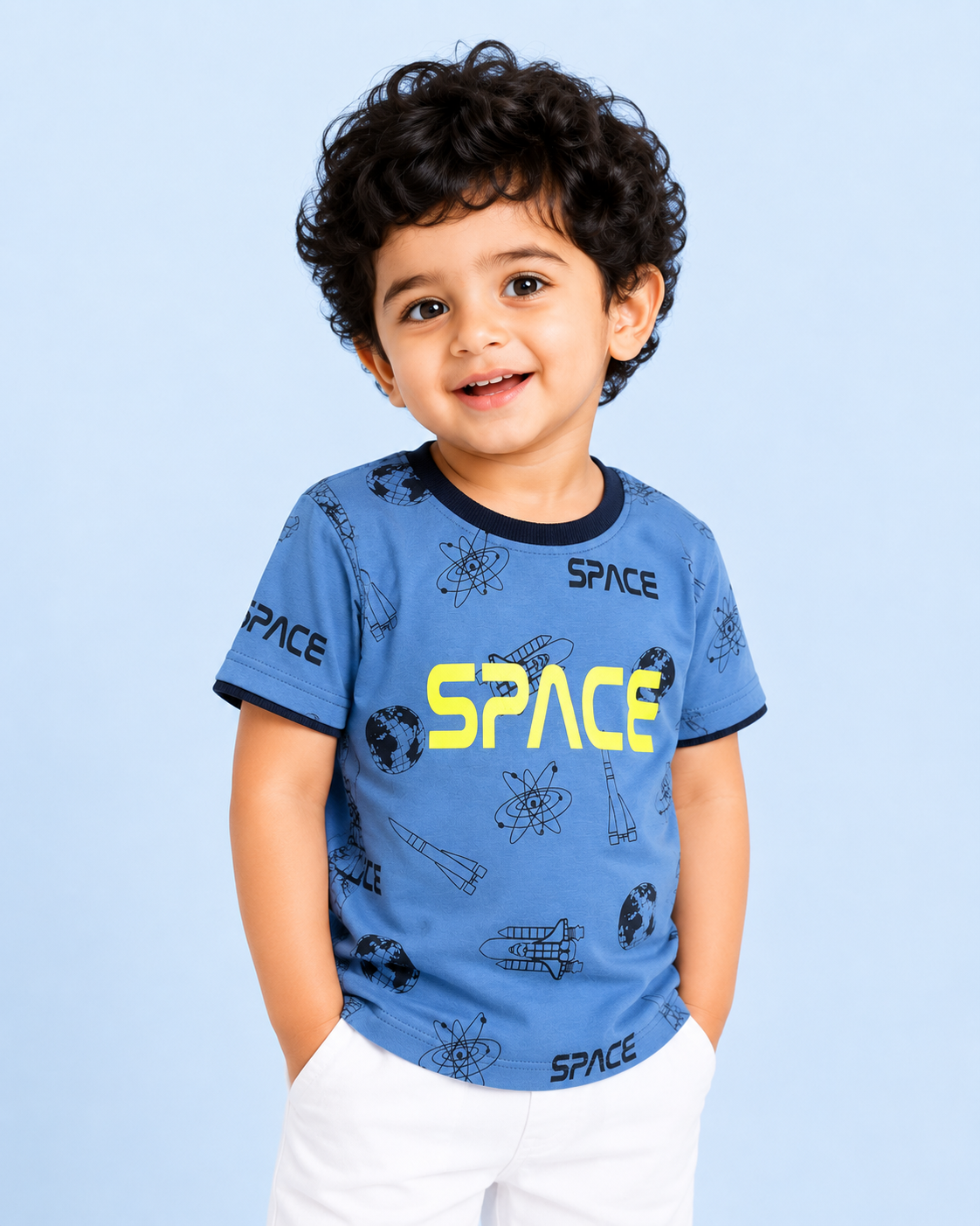 Blue Space Graphic T-Shirt for Toddlers – Soft Cotton Summer Tee for Boys BloomUp