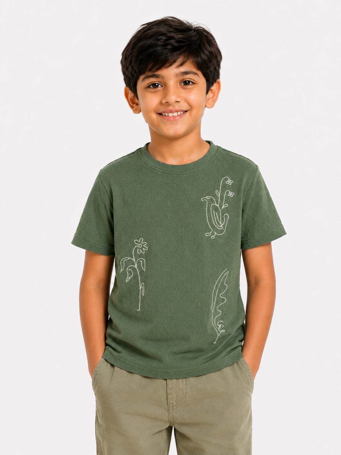 Boys Olive Graphic Shirt With Soft Cotton T-Shirt BloomUp