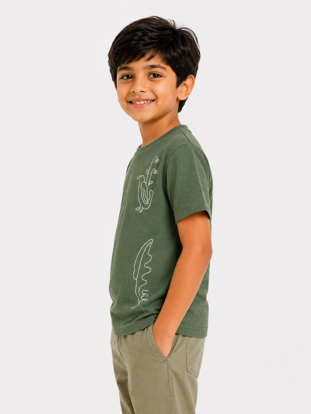 Boys Olive Graphic Shirt With Soft Cotton T-Shirt BloomUp