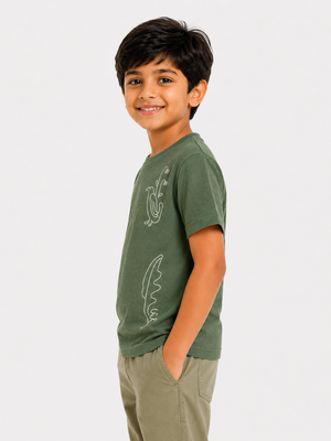 Boys Olive Graphic Shirt With Soft Cotton T-Shirt BloomUp