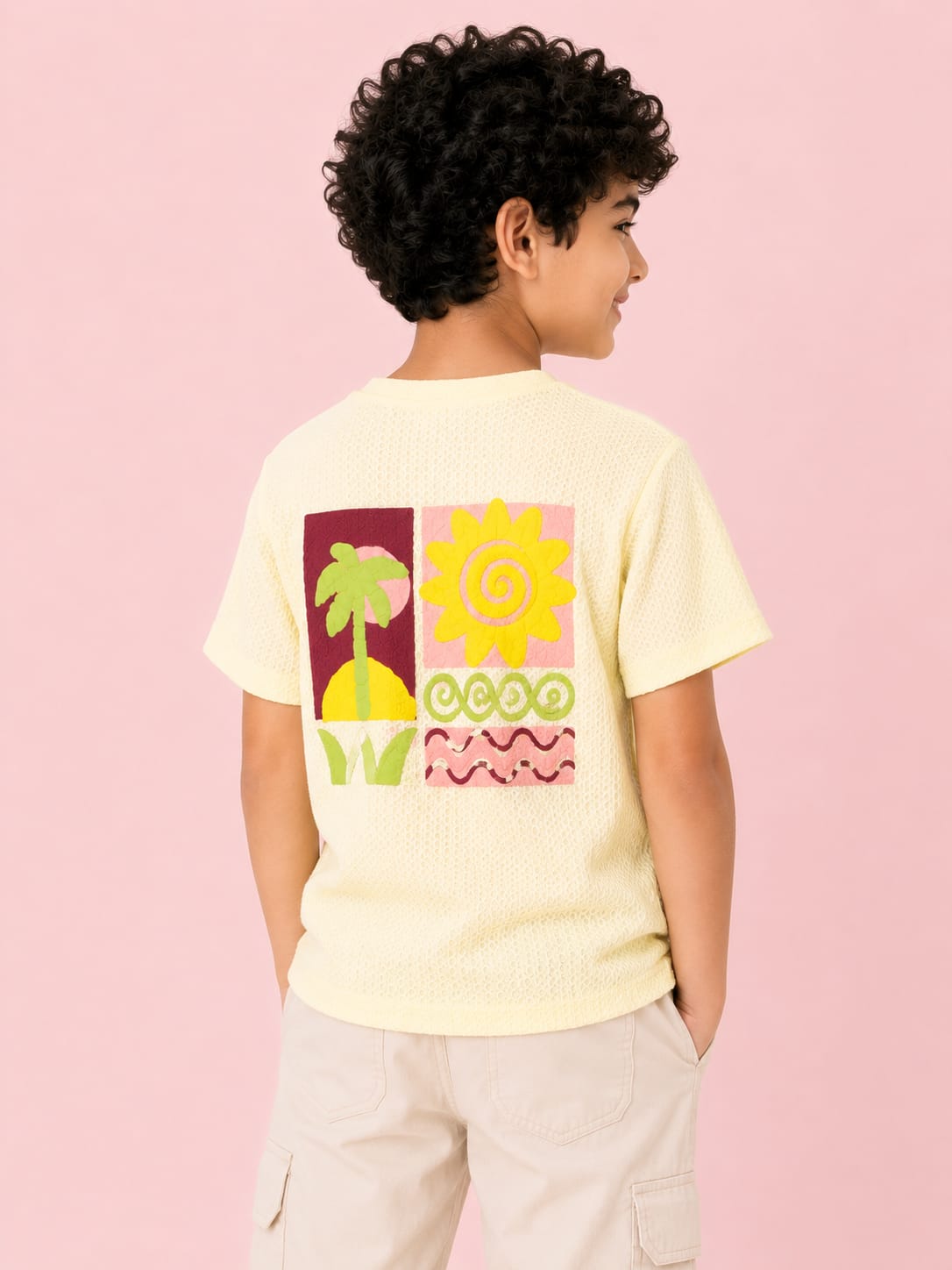 Boys Cream Textured Cotton T-Shirt – Tropical Graphic Casual Half Sleeve Tee BloomUp