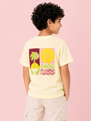 Boys Cream Textured Cotton T-Shirt – Tropical Graphic Casual Half Sleeve Tee BloomUp
