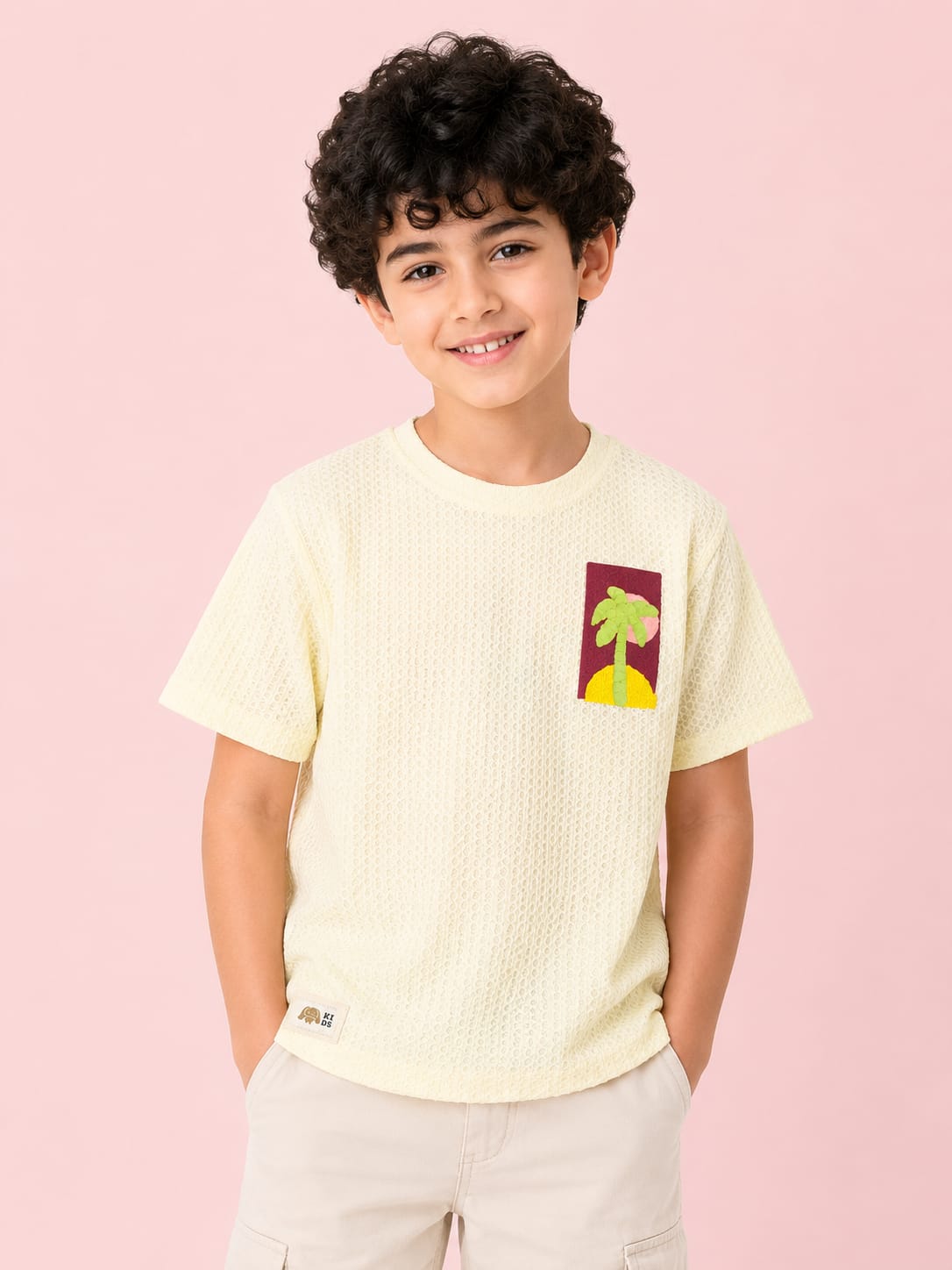 Boys Cream Textured Cotton T-Shirt – Tropical Graphic Casual Half Sleeve Tee BloomUp