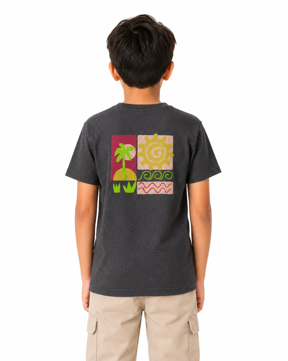 Boys Charcoal Grey Textured Cotton T-Shirt – Tropical Graphic Casual Half Sleeve Tee BloomUp