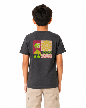 Boys Charcoal Grey Textured Cotton T-Shirt – Tropical Graphic Casual Half Sleeve Tee BloomUp